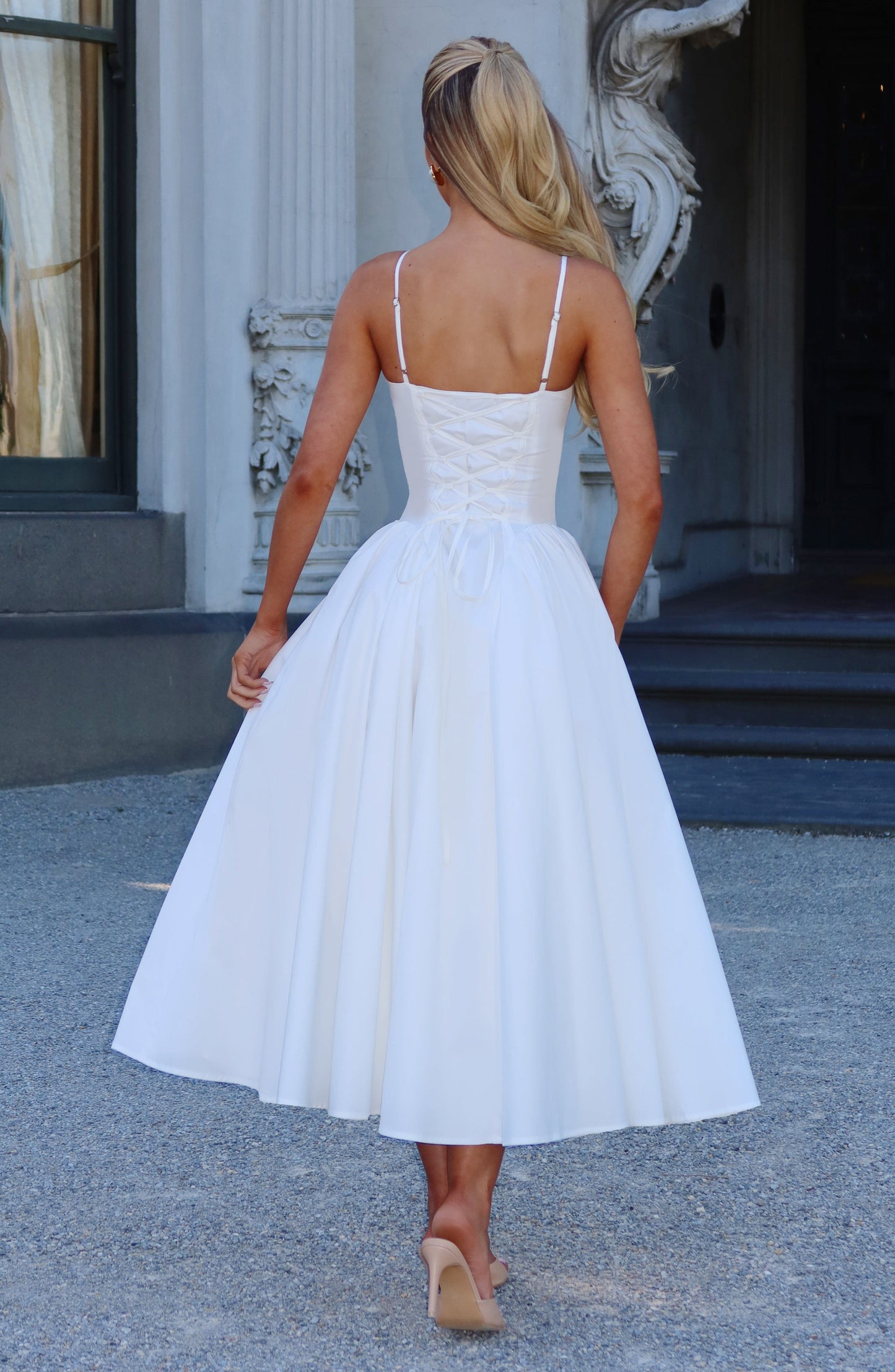 Elysia Midi Dress | Ivory, Sweetheart Neckline, Lace-Up Back 3