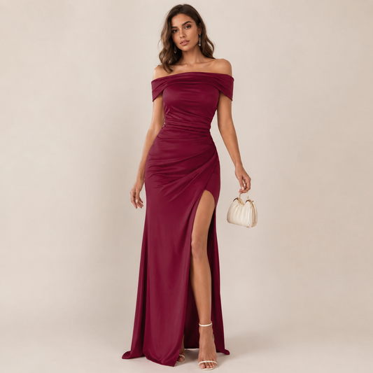 Elysian Off-Shoulder Dress | Elegant Satin, High-Waisted