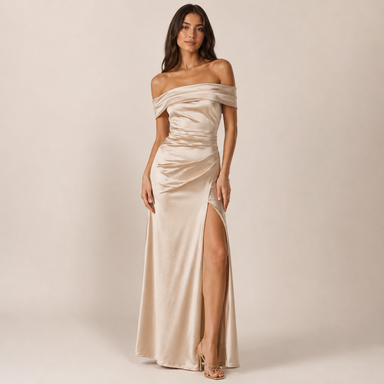 Elysian Off-Shoulder Dress | Elegant Satin, High-Waisted