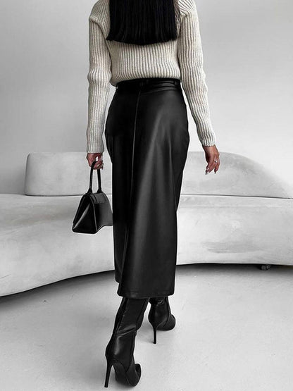 Fiona Midi Skirt | Faux Leather, High-Slit Design for Women 3