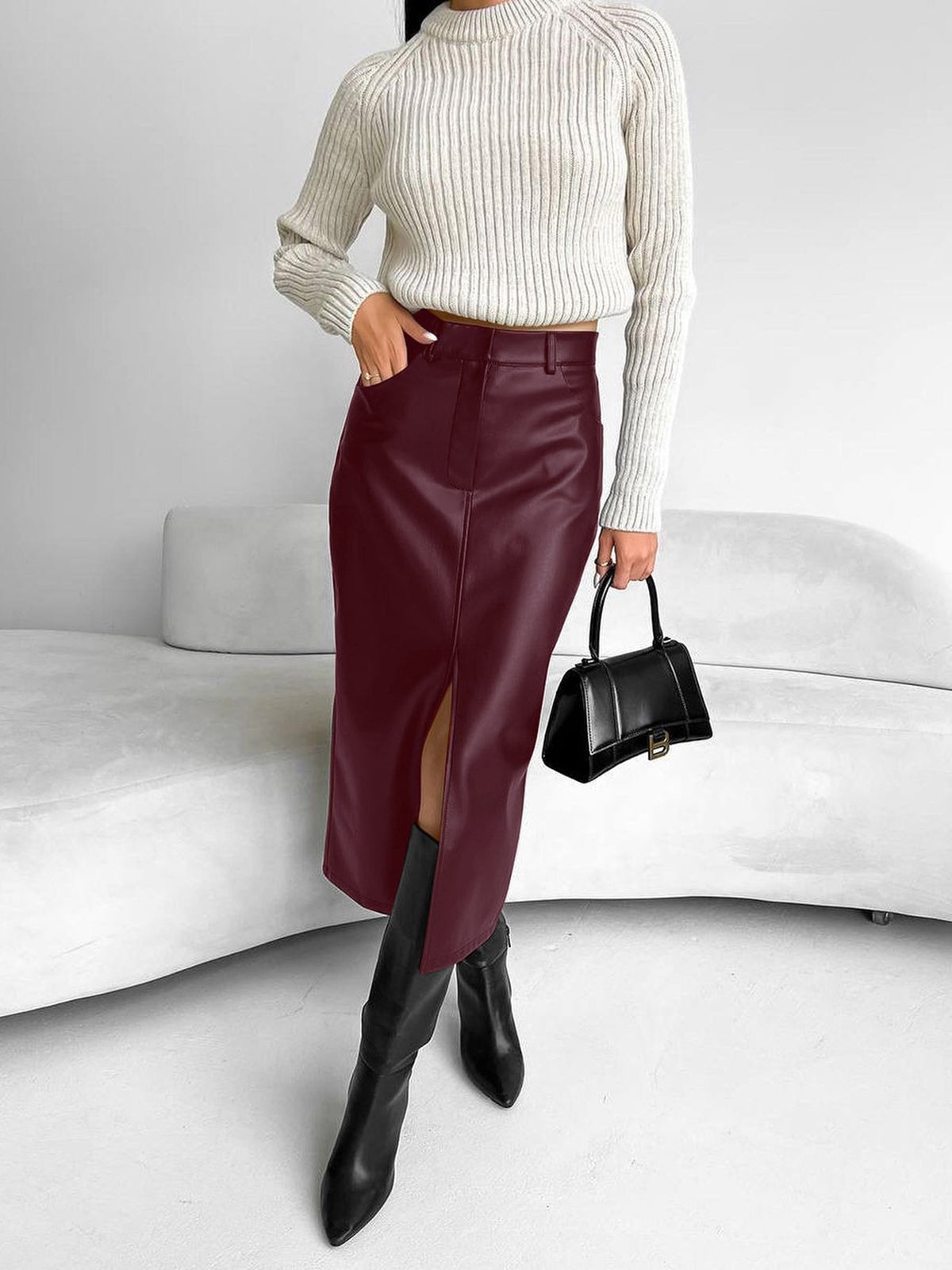 Fiona Midi Skirt | Faux Leather, High-Slit Design for Women 6