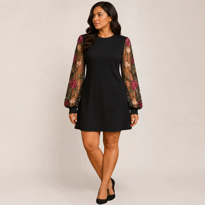 Fleur Black Dress | Floral Embroidery, Bishop Sleeves