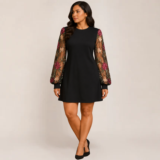 Fleur Black Dress | Floral Embroidery, Bishop Sleeves