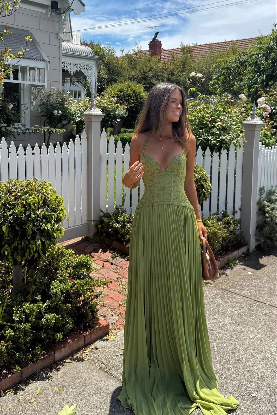 Gina Corset Dress | Pleated Green Summer Wedding Guest Dress 1
