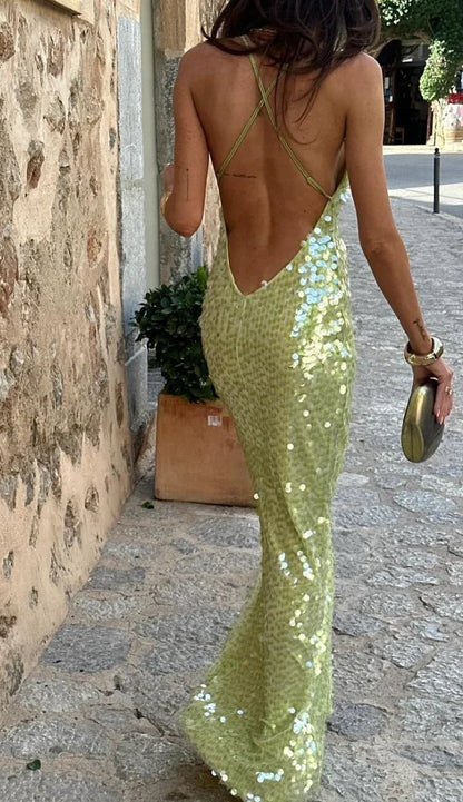 Gleam Evening Gown | Backless Green Sequin Maxi Dress 1