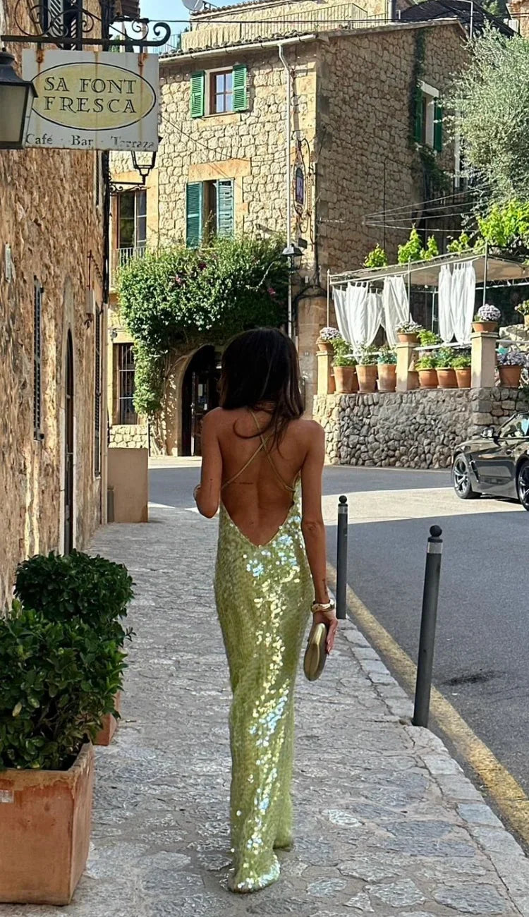 Gleam Evening Gown | Backless Green Sequin Maxi Dress 3