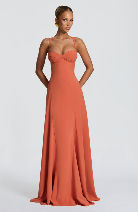 Irie Maxi Dress | Burnt Orange Chiffon, Sweetheart Neckline, Flared Skirt 0