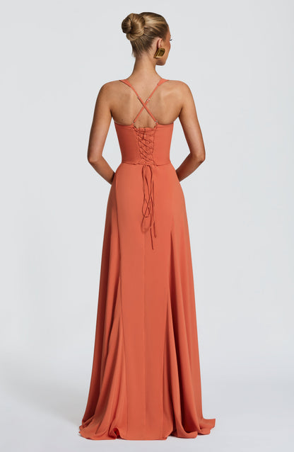 Irie Maxi Dress | Burnt Orange Chiffon, Sweetheart Neckline, Flared Skirt 1