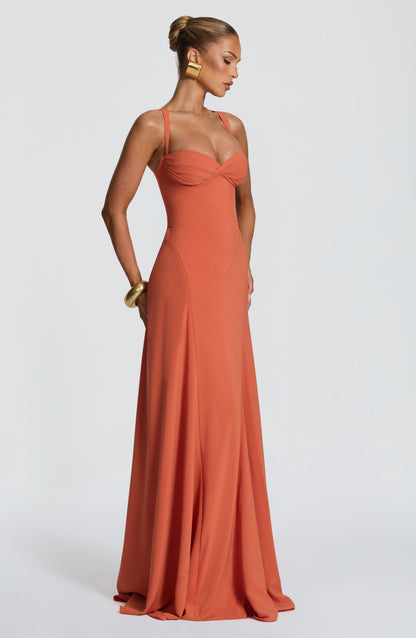 Irie Maxi Dress | Burnt Orange Chiffon, Sweetheart Neckline, Flared Skirt 2