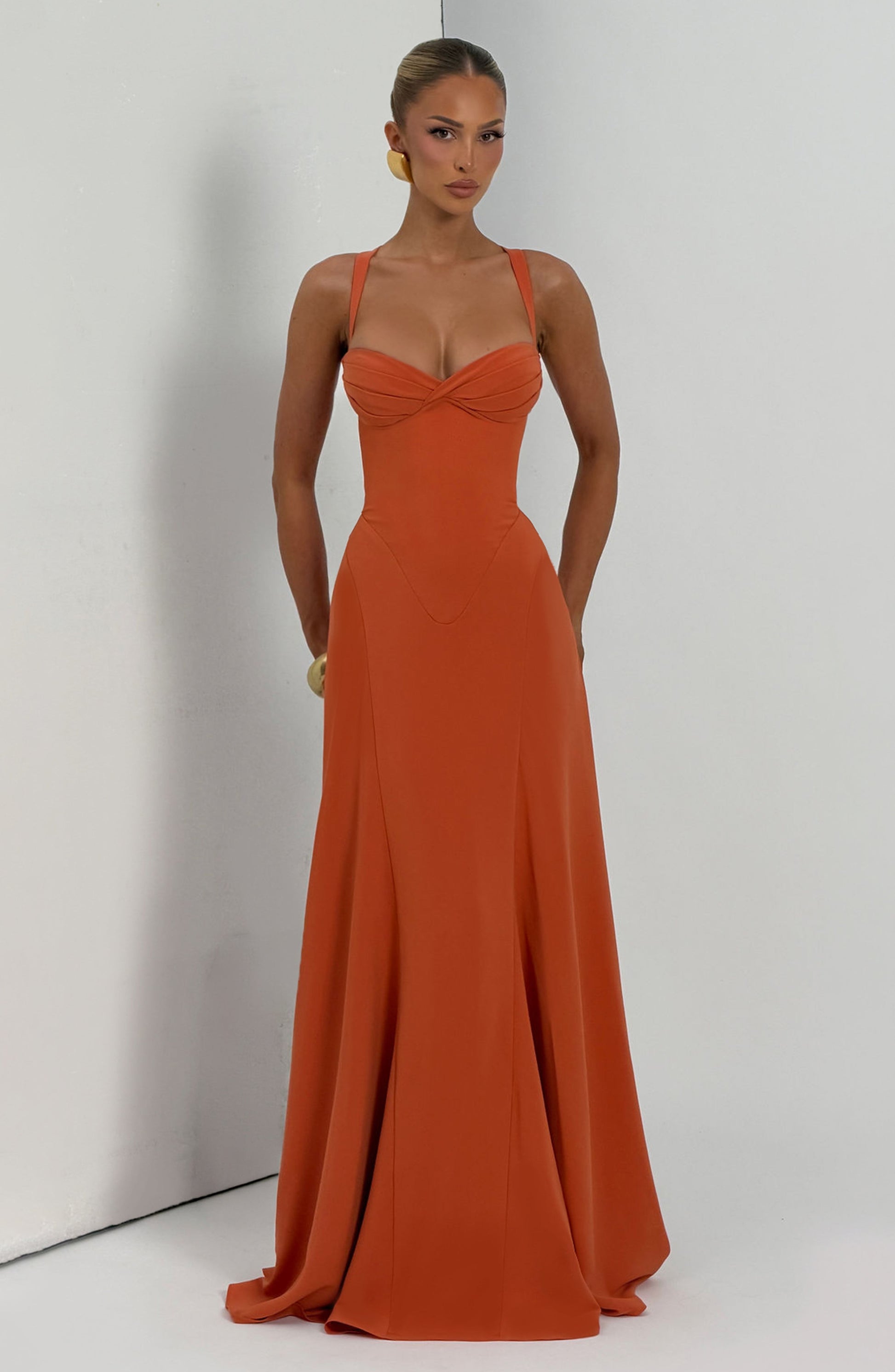 Irie Maxi Dress | Burnt Orange Chiffon, Sweetheart Neckline, Flared Skirt 5