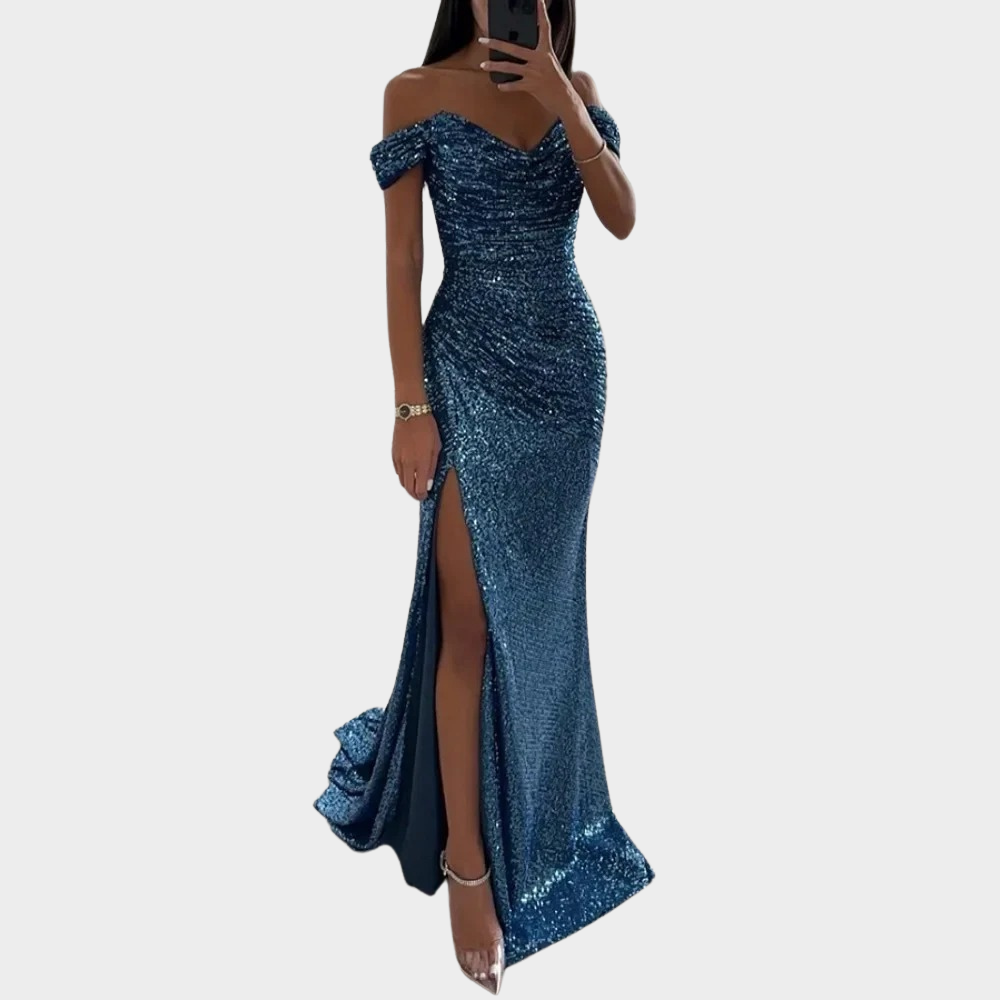 Ivory Evening Dress | Open Shoulder, Sequined, Front Slit 0