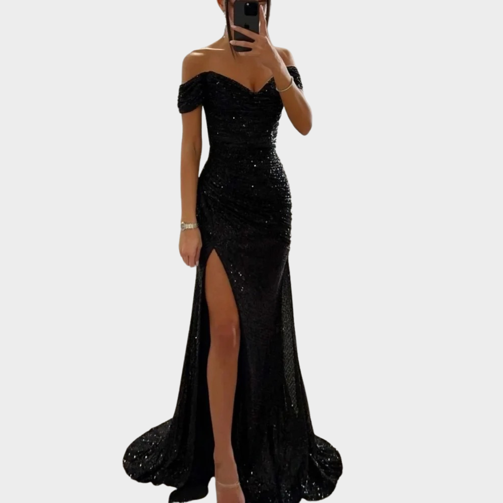 Ivory Evening Dress | Open Shoulder, Sequined, Front Slit 1
