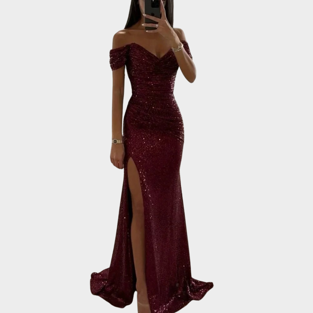 Ivory Evening Dress | Open Shoulder, Sequined, Front Slit 2