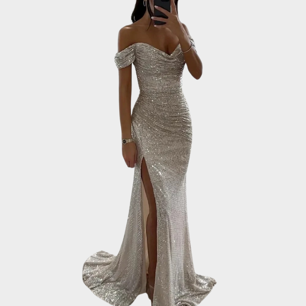 Ivory Evening Dress | Open Shoulder, Sequined, Front Slit 3