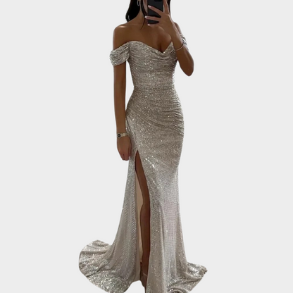Ivory Evening Dress | Open Shoulder, Sequined, Front Slit 3