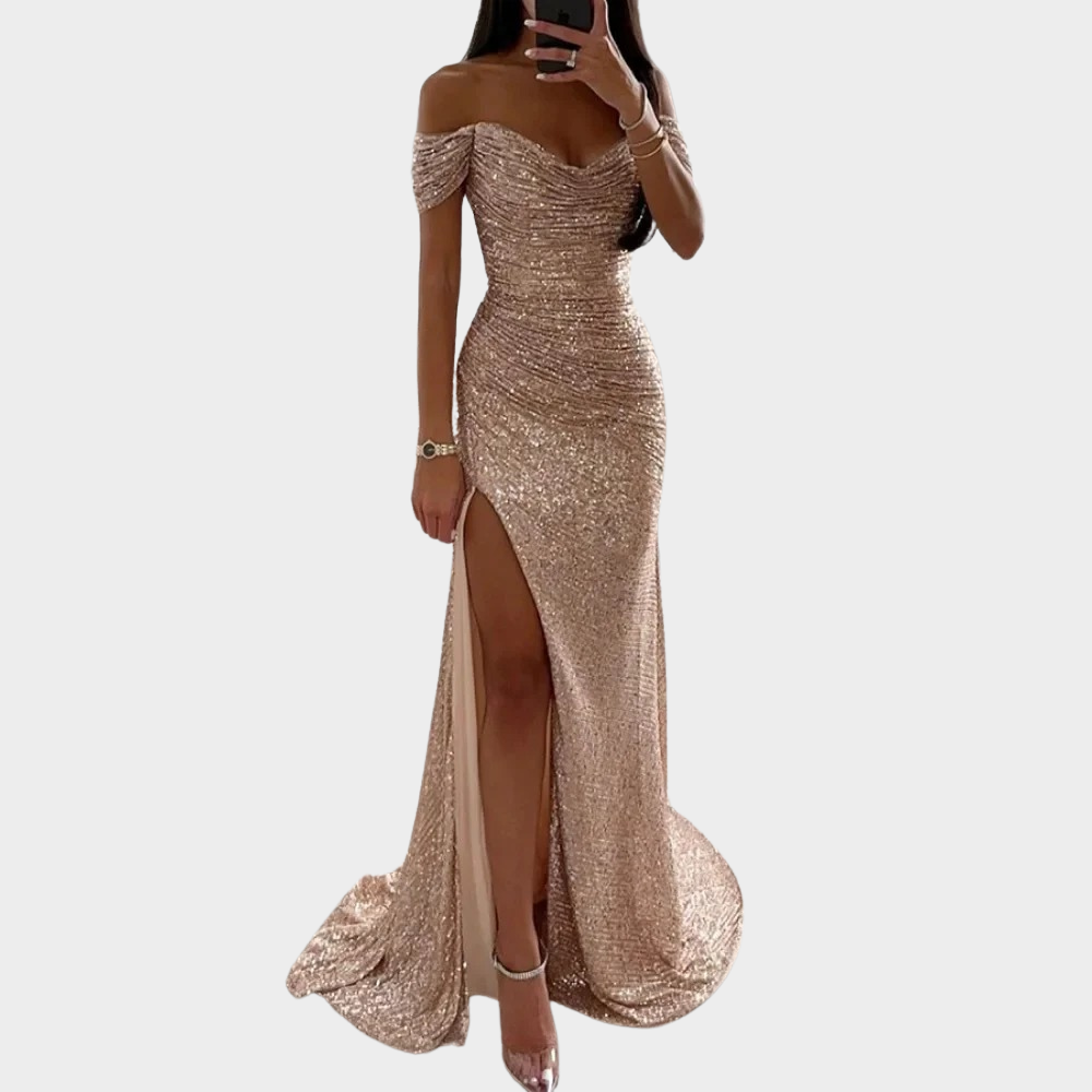 Ivory Evening Dress | Open Shoulder, Sequined, Front Slit 4