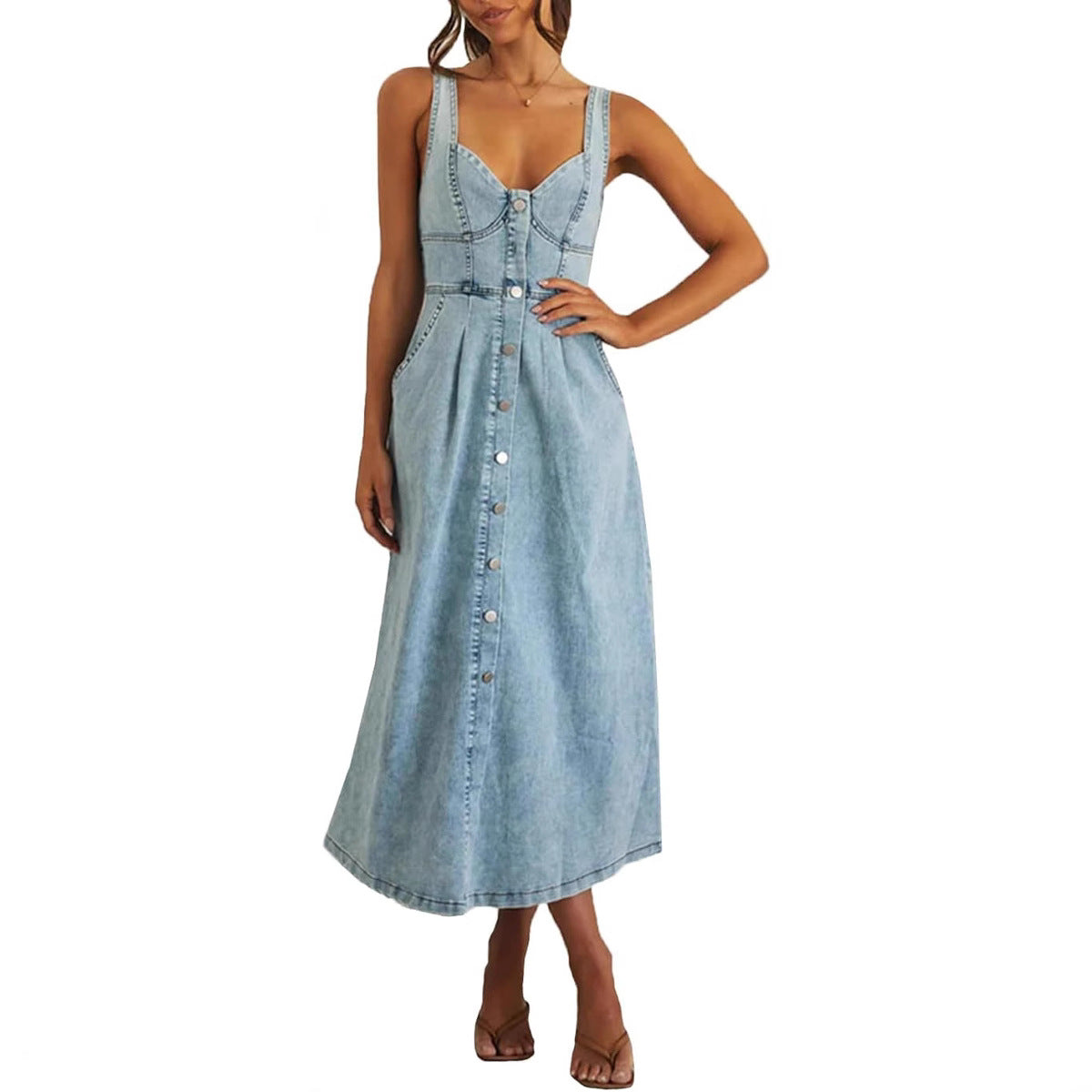 Jade Denim Dress | Classic Button-Front, Sleeveless 0