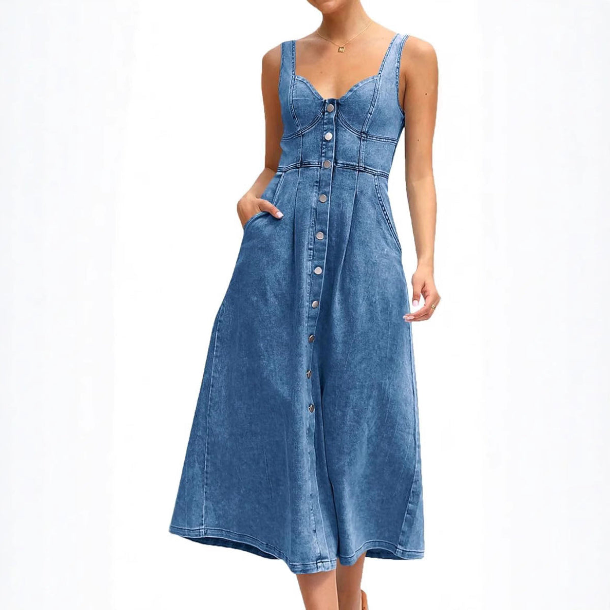 Jade Denim Dress | Classic Button-Front, Sleeveless 1