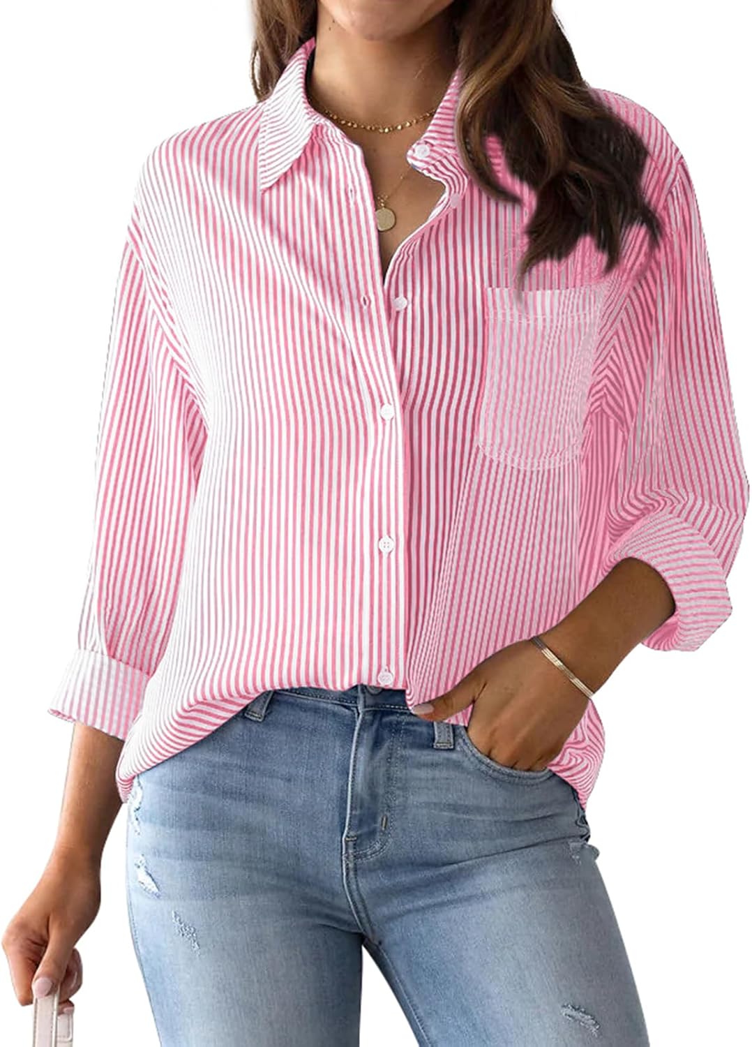 Jade Striped Blouse | Elegant Cotton, V-Neck Long Sleeve Top for Women 2