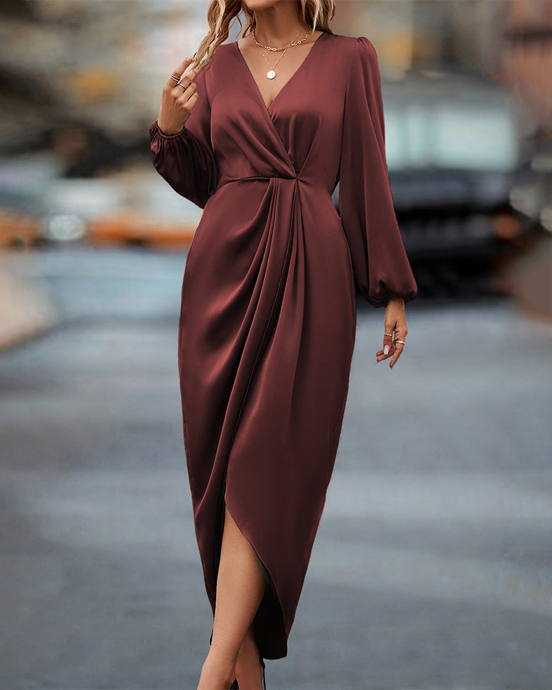 Kira Elegant Dress | A-Line, Lantern Sleeves, V-Neck, Midi Length 2