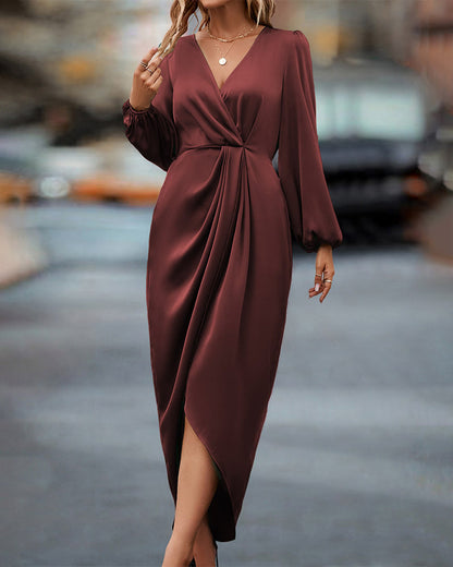 Kira Elegant Dress | A-Line, Lantern Sleeves, V-Neck, Midi Length 2