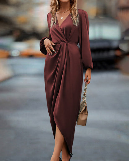 Kira Elegant Dress | A-Line, Lantern Sleeves, V-Neck, Midi Length 5