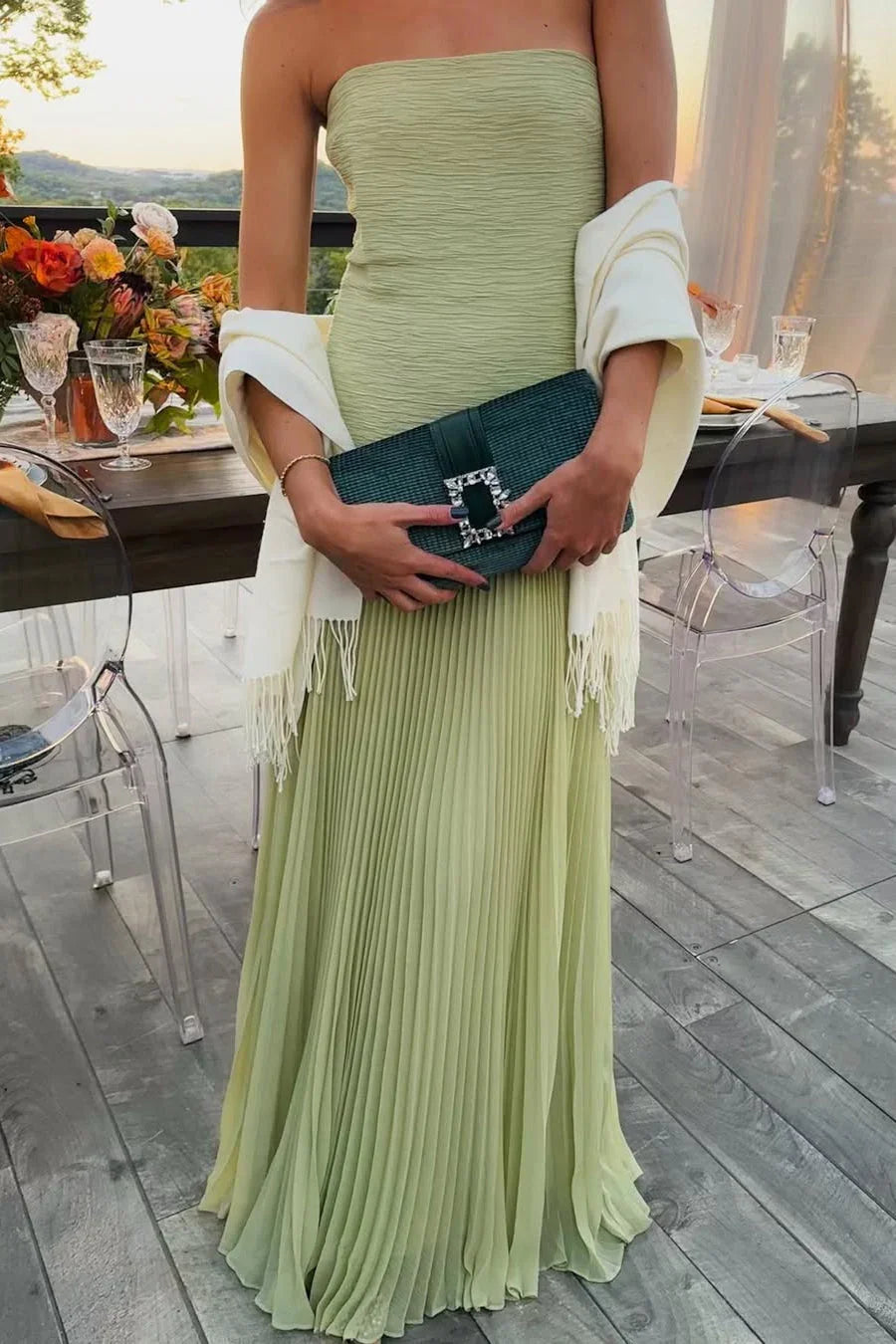 Luna Long Sleeve Maxi Dress | Elegant Green Pleated Design 0