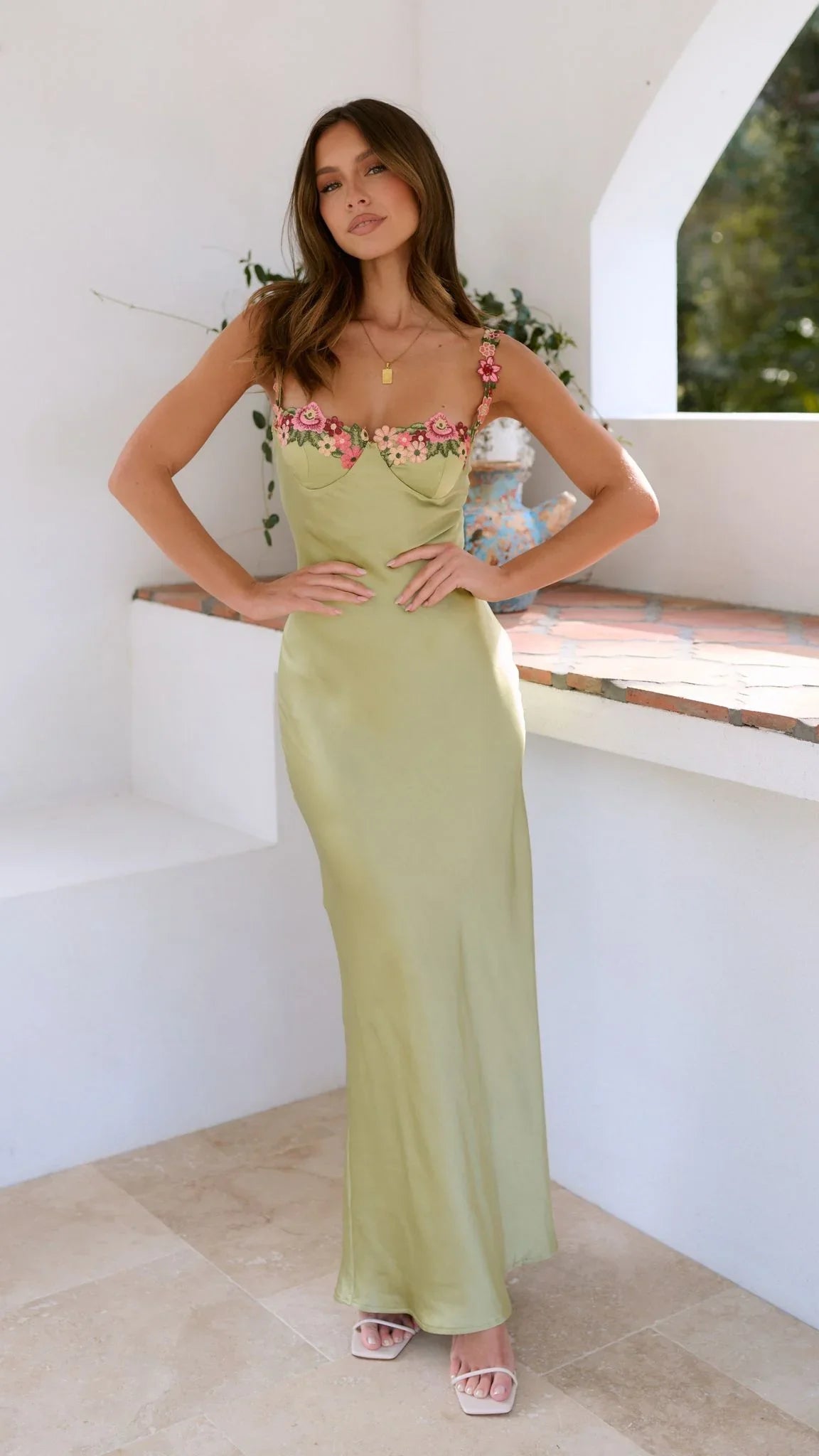 Luna Maxi Dress | Floral Straps, Light Green Long Dress for Women 0
