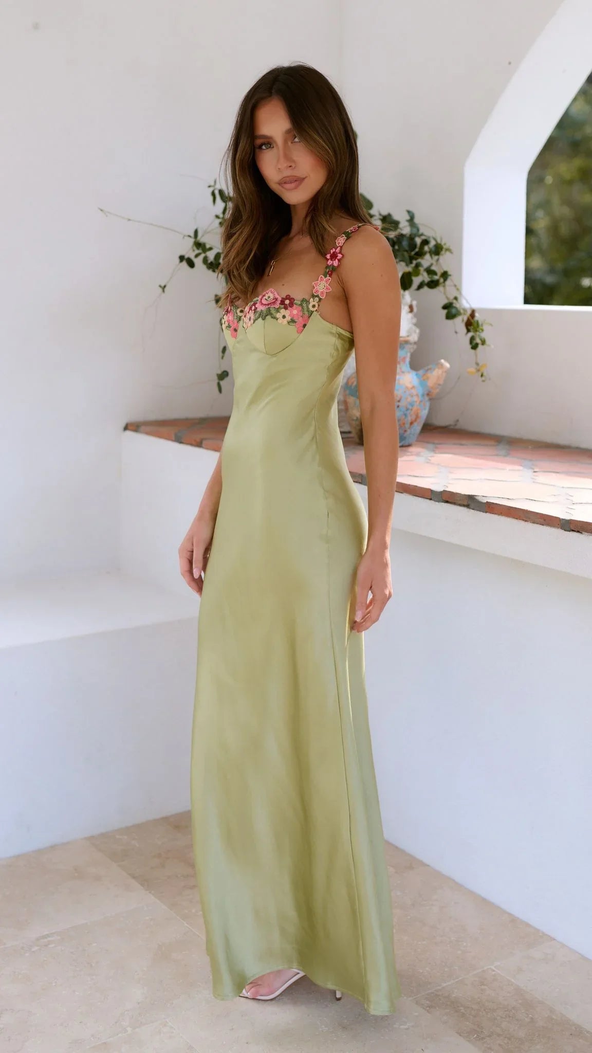 Luna Maxi Dress | Floral Straps, Light Green Long Dress for Women 3