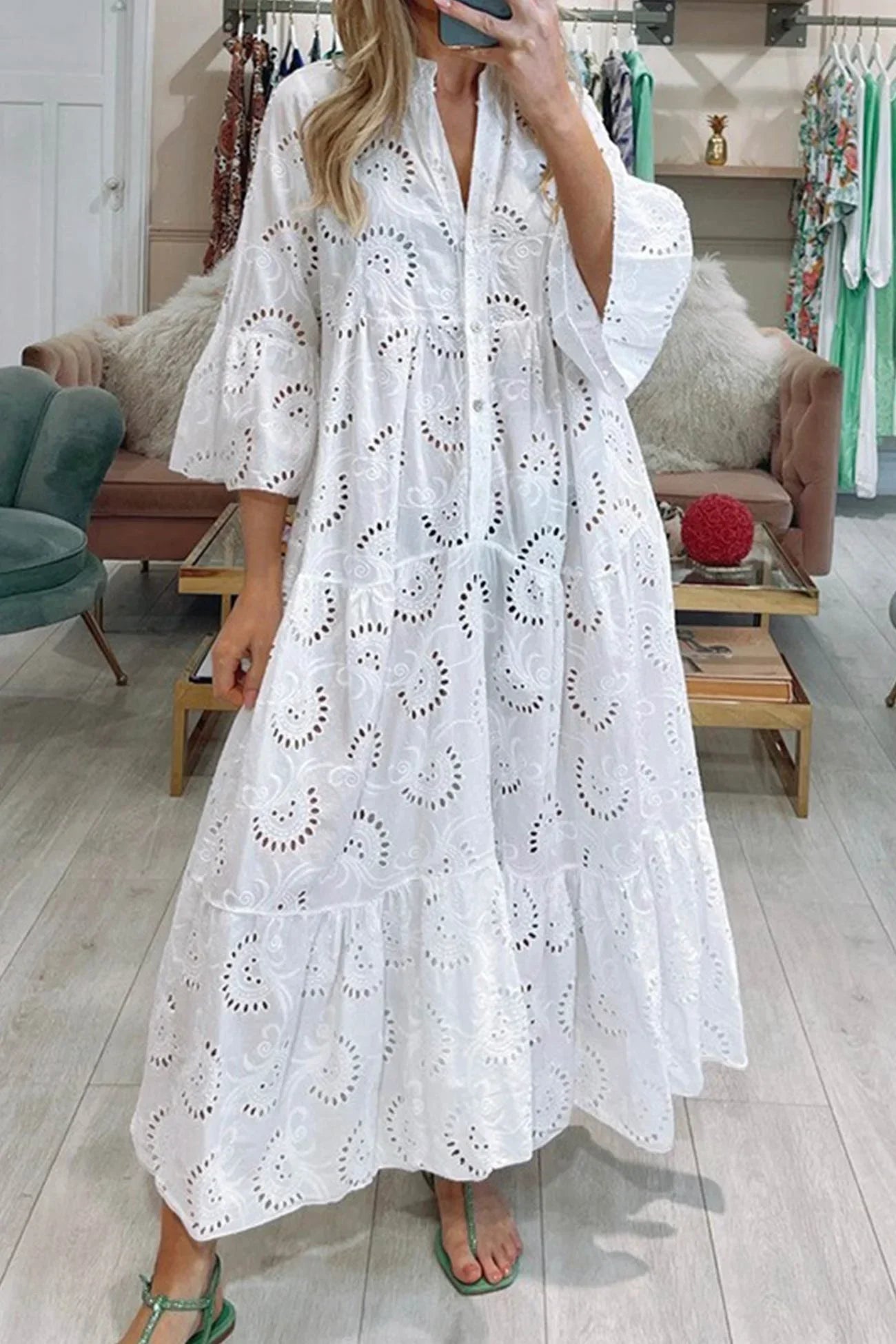 Luna Maxi Dress | Lightweight Openwork, 3/4 Sleeves, V-Neck 0