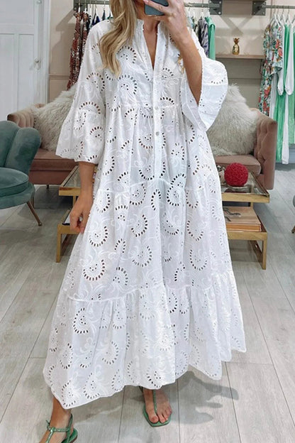 Luna Maxi Dress | Lightweight Openwork, 3/4 Sleeves, V-Neck 0
