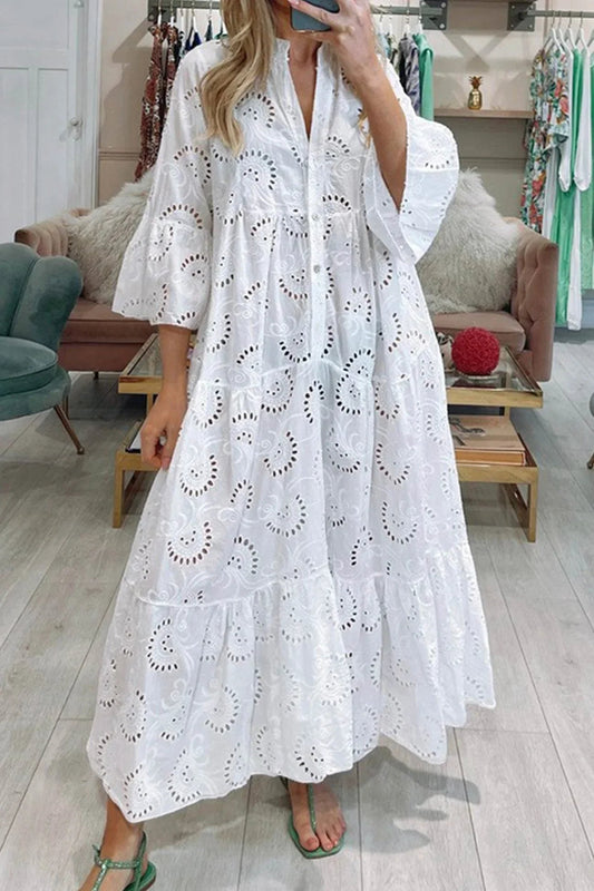 Luna Maxi Dress | Lightweight Openwork, 3/4 Sleeves, V-Neck 0