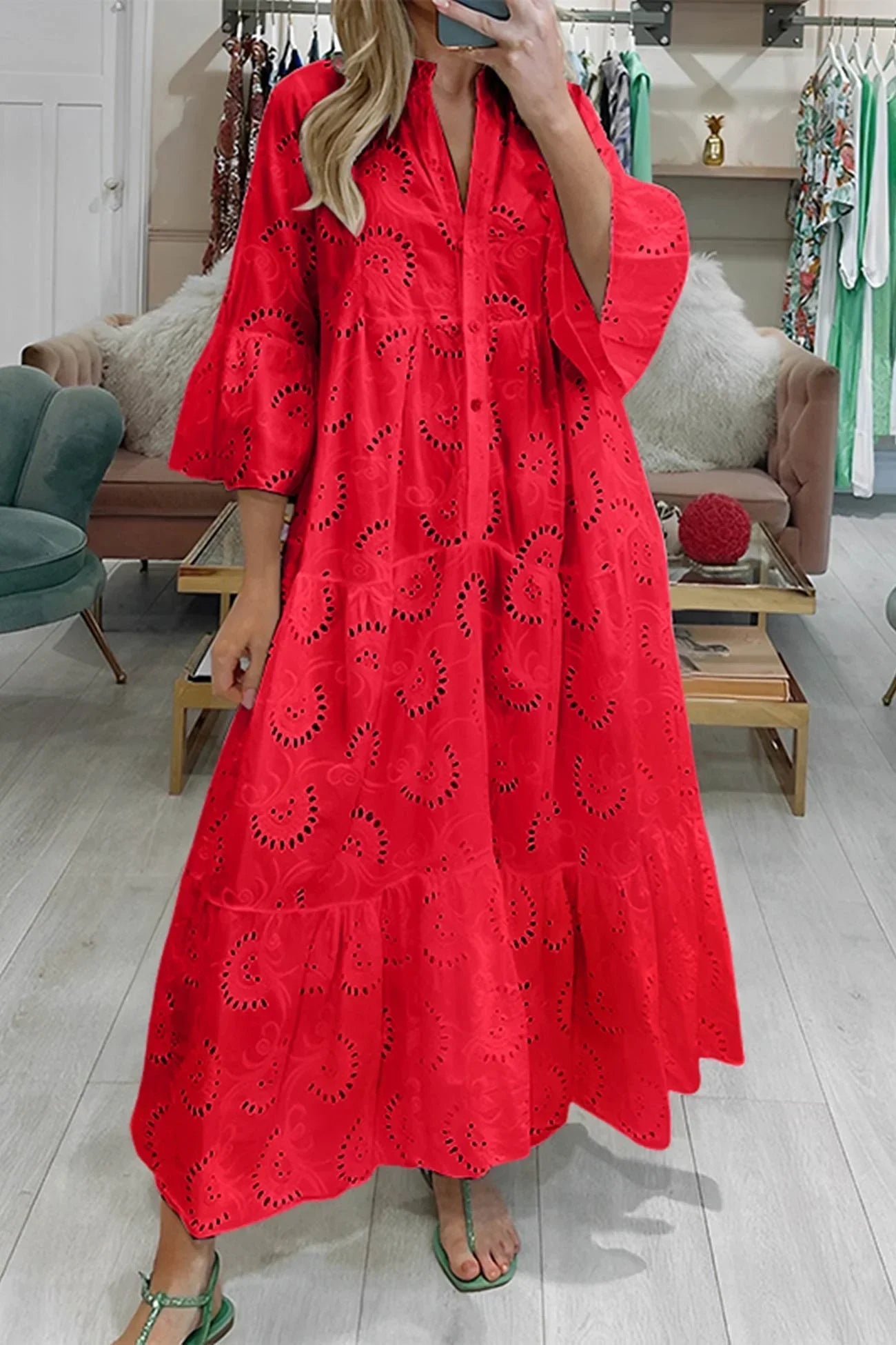 Luna Maxi Dress | Lightweight Openwork, 3/4 Sleeves, V-Neck 1