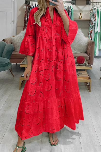 Luna Maxi Dress | Lightweight Openwork, 3/4 Sleeves, V-Neck 1