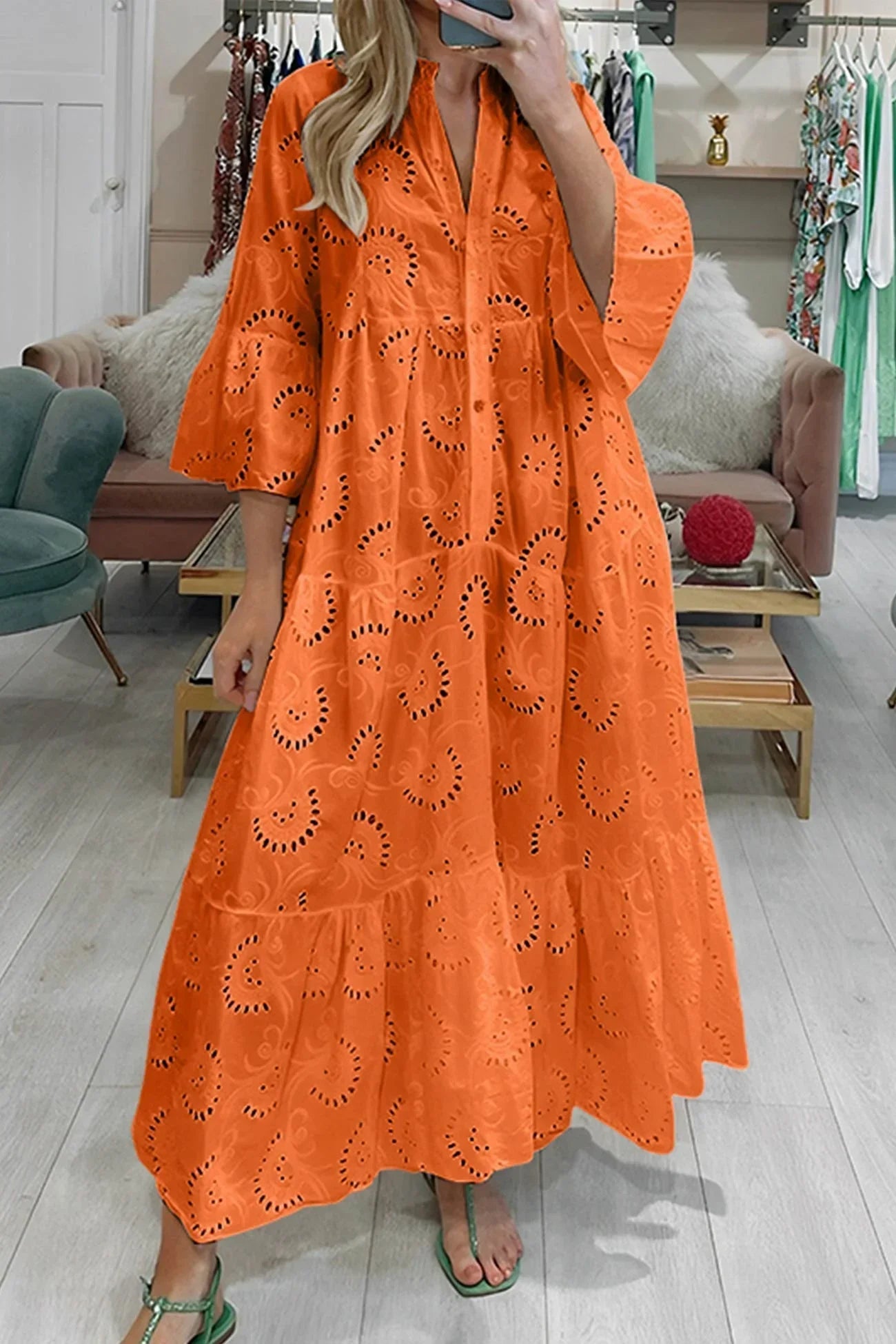 Luna Maxi Dress | Lightweight Openwork, 3/4 Sleeves, V-Neck 2