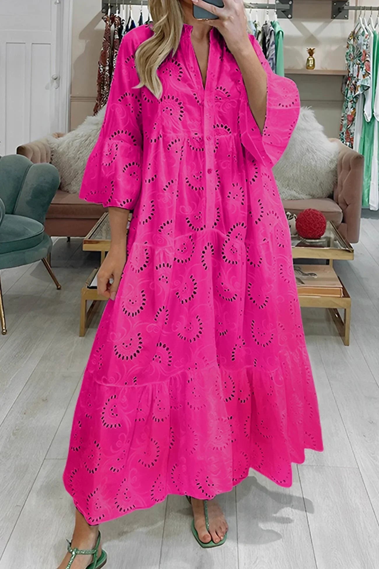 Luna Maxi Dress | Lightweight Openwork, 3/4 Sleeves, V-Neck 3