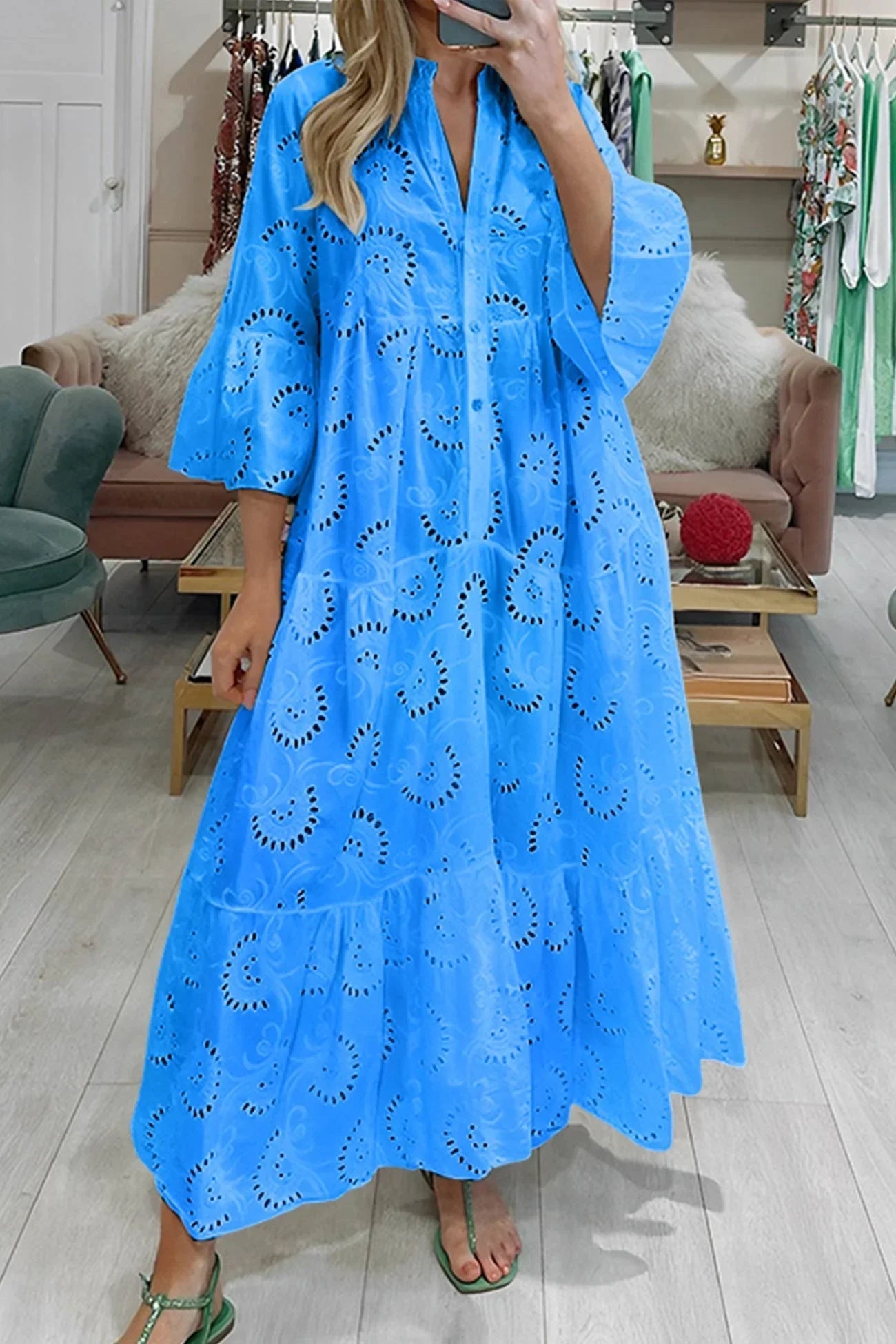 Luna Maxi Dress | Lightweight Openwork, 3/4 Sleeves, V-Neck 5