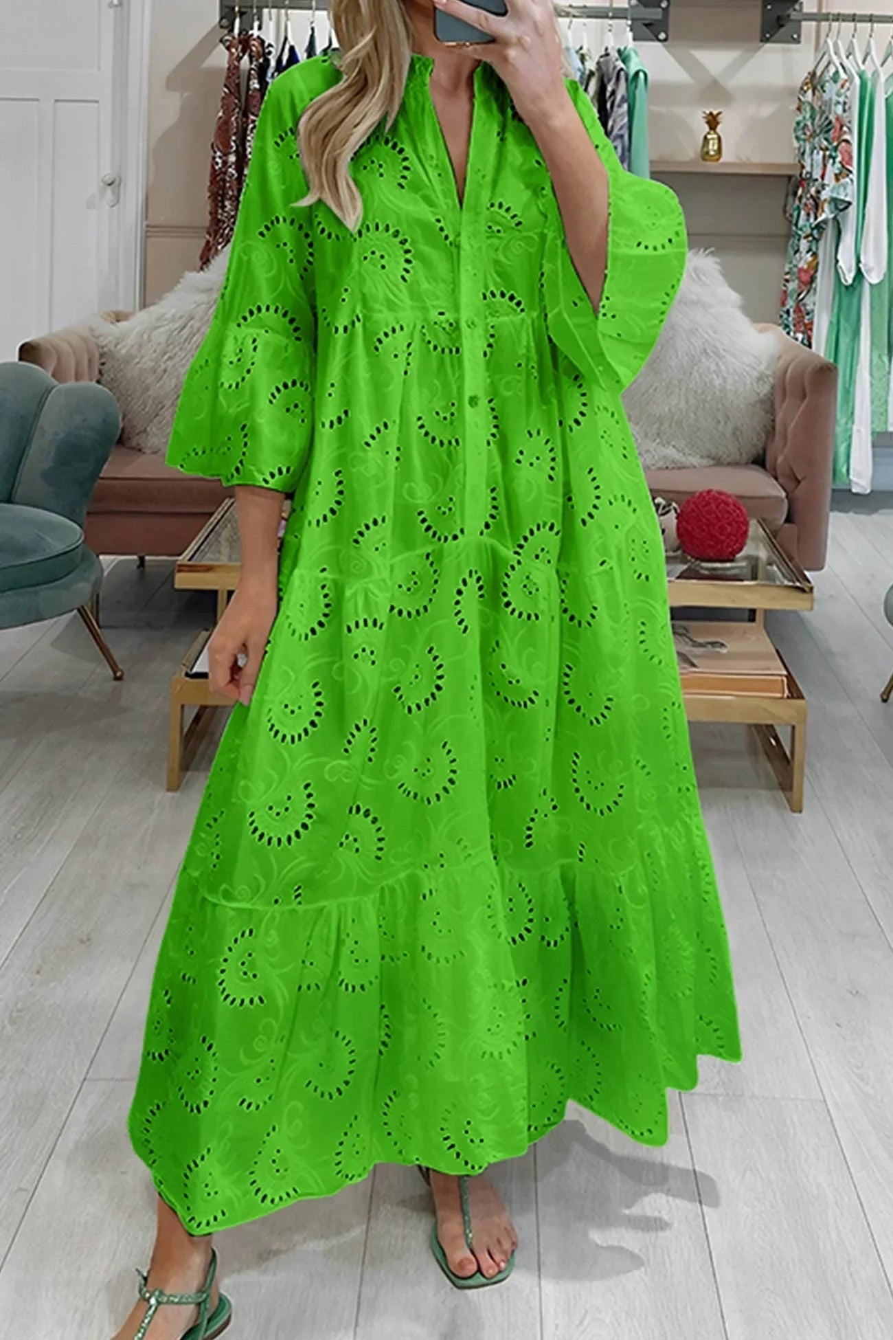 Luna Maxi Dress | Lightweight Openwork, 3/4 Sleeves, V-Neck 6