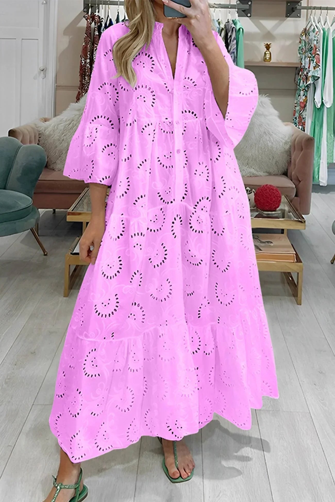 Luna Maxi Dress | Lightweight Openwork, 3/4 Sleeves, V-Neck 7