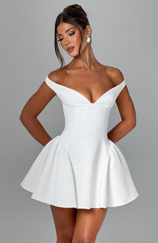 Mara White Dress | Plunge Bardot Neckline, Tulle Skirt for Summer Weddings 0