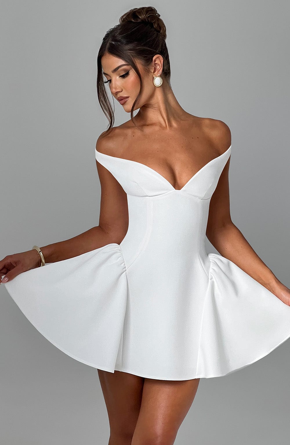 Mara White Dress | Plunge Bardot Neckline, Tulle Skirt for Summer Weddings 1