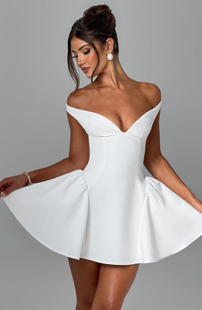 Mara White Dress | Plunge Bardot Neckline, Tulle Skirt for Summer Weddings 1