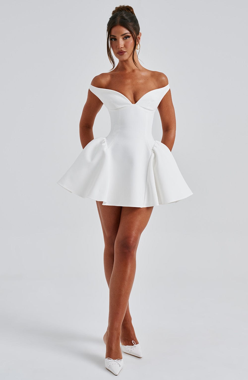 Mara White Dress | Plunge Bardot Neckline, Tulle Skirt for Summer Weddings 2