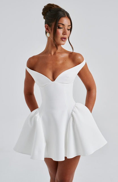 Mara White Dress | Plunge Bardot Neckline, Tulle Skirt for Summer Weddings 3