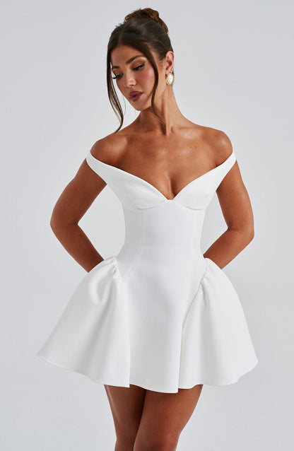 Mara White Dress | Plunge Bardot Neckline, Tulle Skirt for Summer Weddings 4