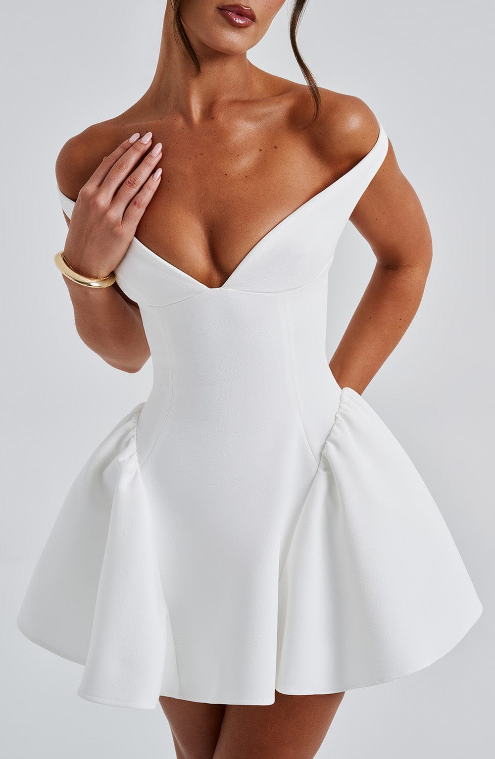 Mara White Dress | Plunge Bardot Neckline, Tulle Skirt for Summer Weddings 5