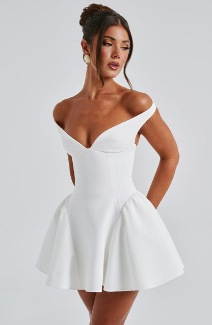 Mara White Dress | Plunge Bardot Neckline, Tulle Skirt for Summer Weddings 6