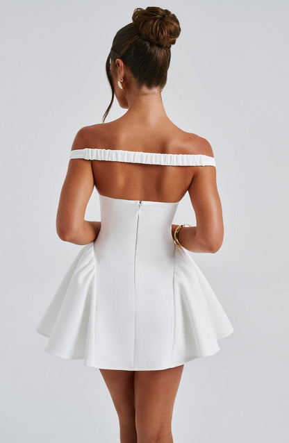 Mara White Dress | Plunge Bardot Neckline, Tulle Skirt for Summer Weddings 8