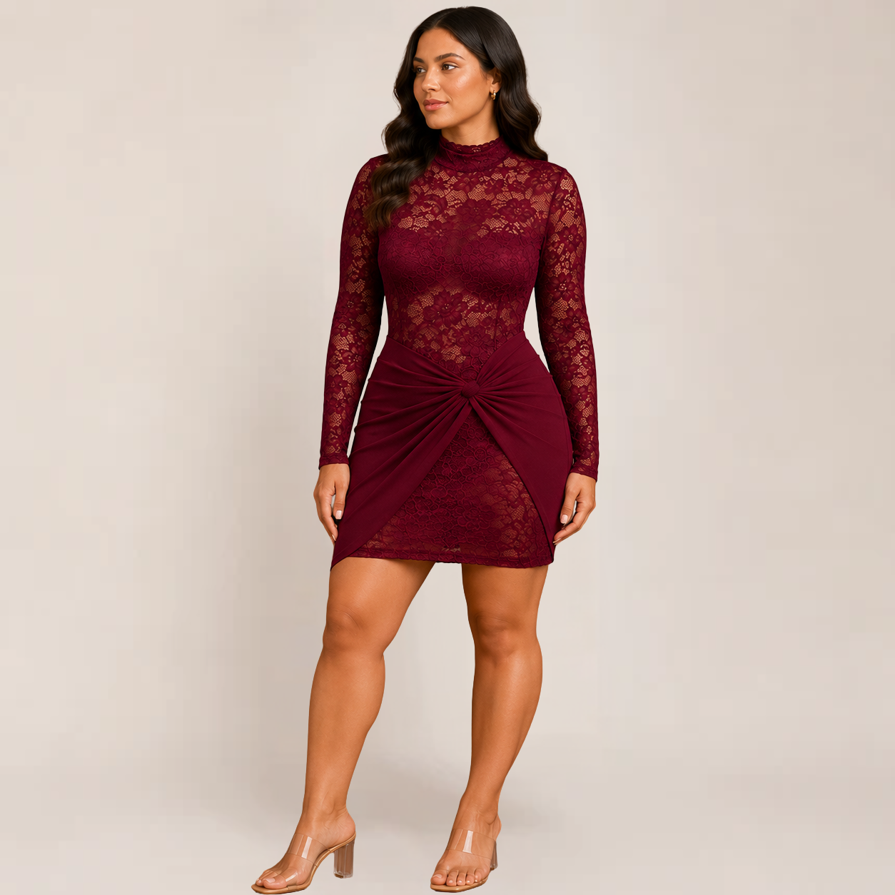 Mira Bodycon Dress | Elegant Lace Long Sleeve, Perfect for Wedding Guests and Cocktail Parties