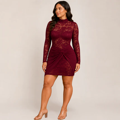 Mira Bodycon Dress | Elegant Lace Long Sleeve, Perfect for Wedding Guests and Cocktail Parties